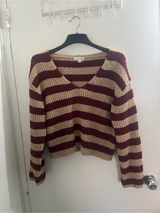 J. Crew Sweaters - J. Crew Chunky Striped V-Neck Sweater in Burgundy and Cream